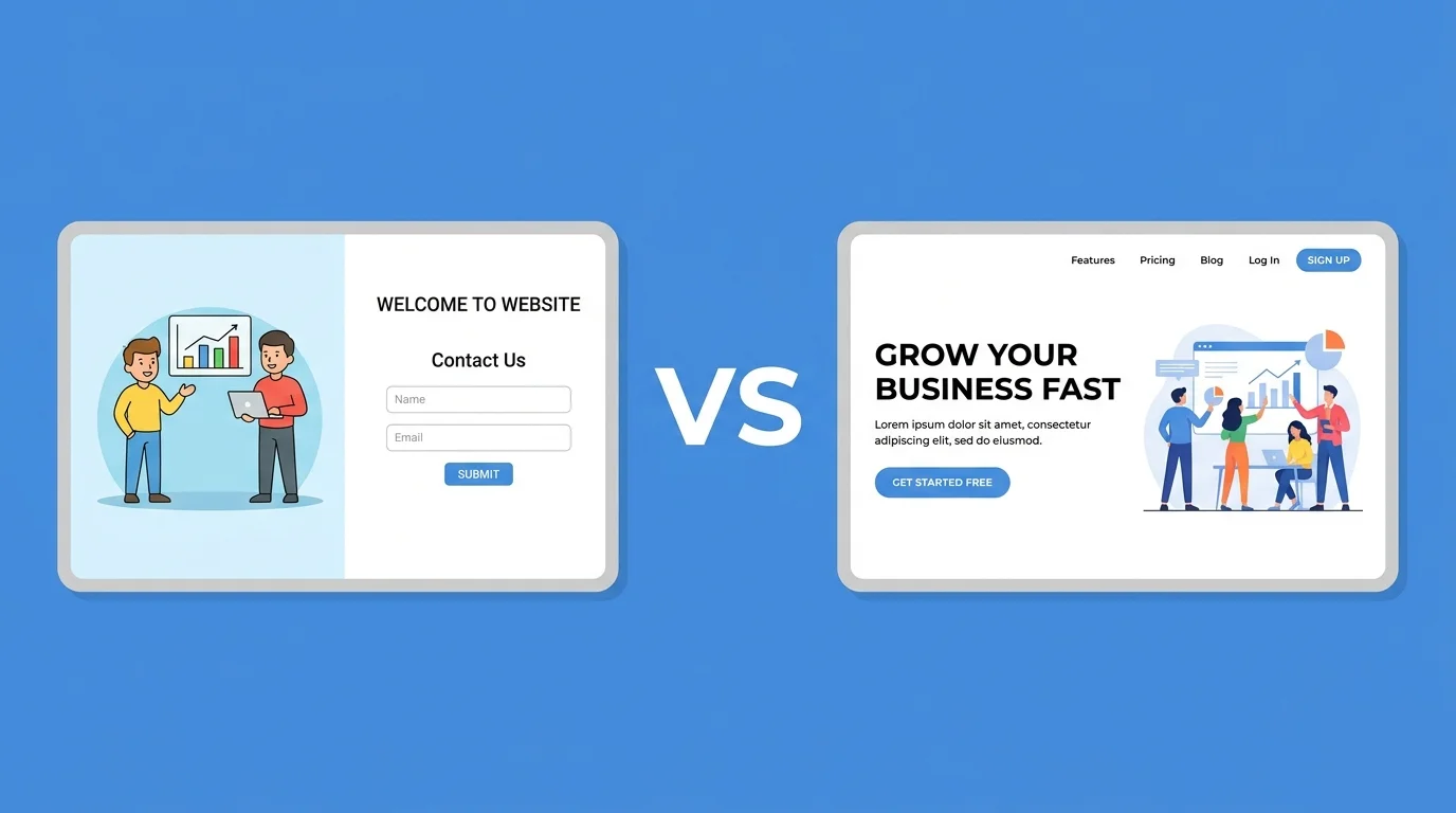 Homepage versus landing page comparison graphic for paid traffic decisions