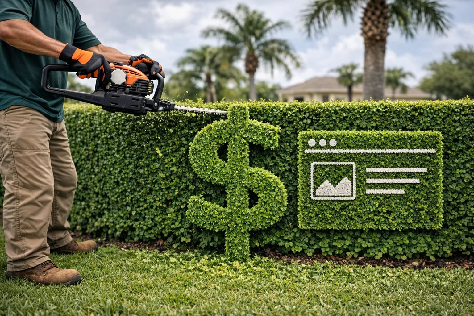 Landscaping professional trimming hedges with a website SEO concept graphic for landscaping web design costs in Florida