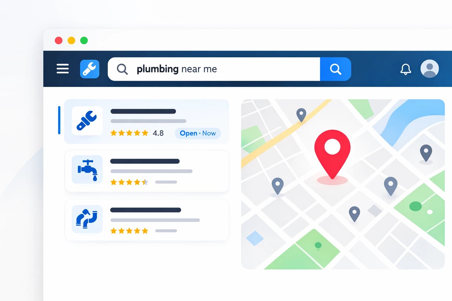 Google Maps ranking graphic showing a service business listing, map pins, and local visibility issues
